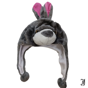 Plush Unisex Animal Cap: Grey Bunny